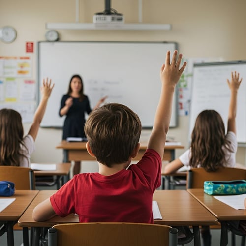 Students raise their hands in a classroom setting, with a teacher standing in front of a whiteboard. The focus is on education and learning.