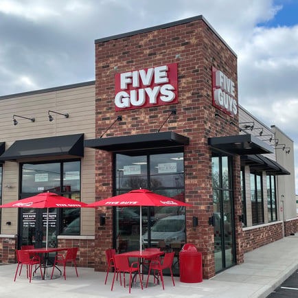 Exterior photograph of the Five Guys restaurant at 6900 South Lindbergh Boulevard in St. Louis Missouri.