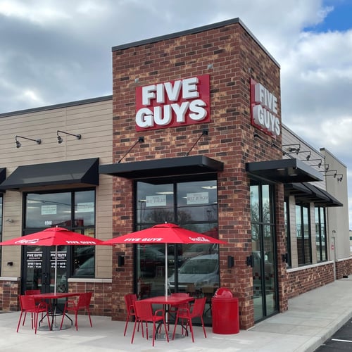 Exterior photograph of the Five Guys restaurant at 6900 South Lindbergh Boulevard in St. Louis Missouri.