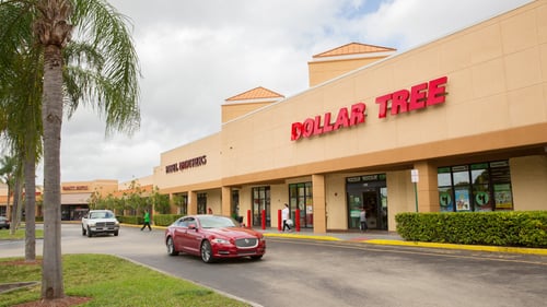 Red car driving in front of entrance of Dollar Tree with palm tree on the left at Sunrise Town Shopping Center