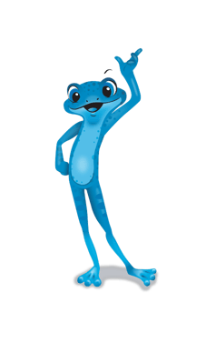 Photo of Freddie, bluefrog's handy mascot pointing out a job well done