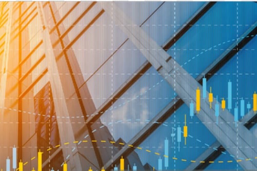 A graphic overlay of financial market data over a photograph of a modern glass skyscraper.