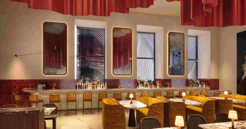 Dining area with curved bar, plush seating, and elegant mirrors in Beast & Butterflies at M Social Hotel New York Downtown