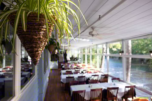 fern plant hanging from the ceiling of the sun room at Alexander's Restaurant with tables along tall windows overlooking the water