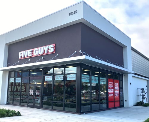 Exterior photograph of the Five Guys restaurant at 15515 Westminster Way in Shoreline, Washington.