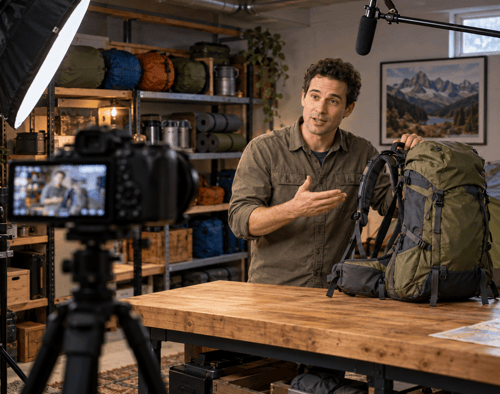 Outdoor content creator films a hiking backpack review in a basement studio with a tripod-mounted camera, overhead microphone, lighting, and camping gear.