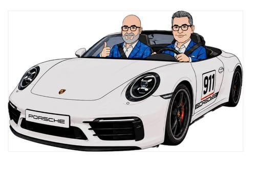 cricature of sean and raffi sitting in a porsche 911