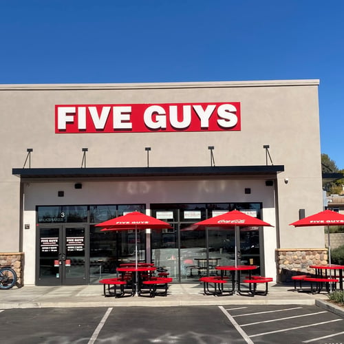 Exterior photograph of the Five Guys at 31495 Yucaipa Blvd. in Yucaipa California.
