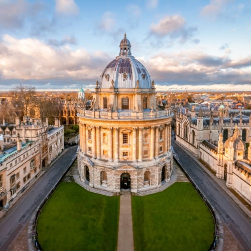 Knight Frank Oxford Estate Agents - High-angle view of the circular, domed Radcliffe Camera building in Radcliffe Square, Oxford, England.