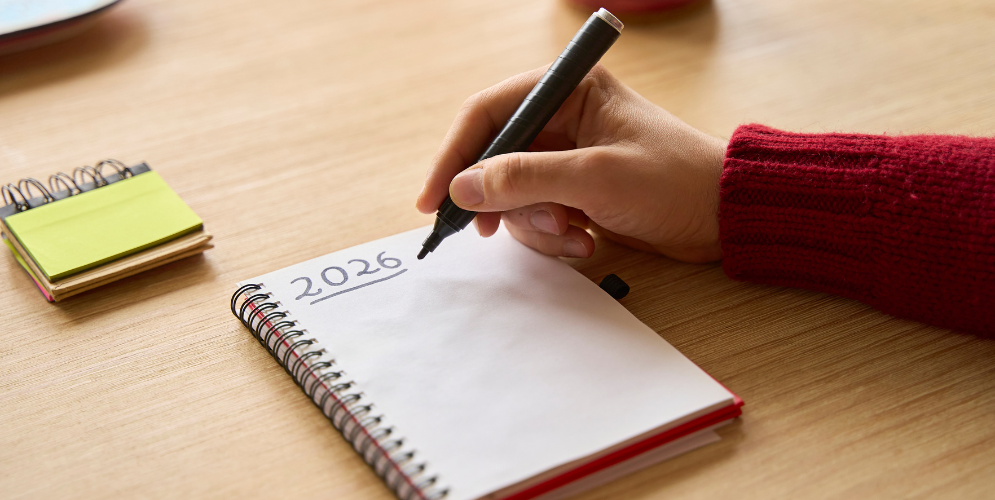 writing goals for 2026 in a notebook