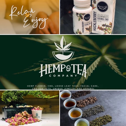 Collage of Hemp & Tea Company visuals including CBD huckleberry gummies bottles, the Hemp & Tea Company logo over a hemp leaf background, a cup of floral loose leaf tea with blossoms, and several cups of brewed tea with different loose teas laid out.