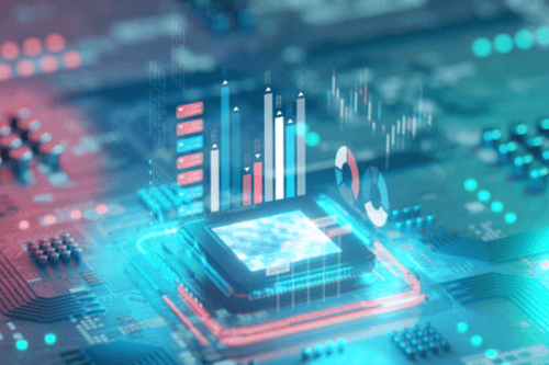 Close up of a motherboard with holograms.