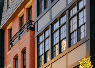 The fronts of new apartment buildings