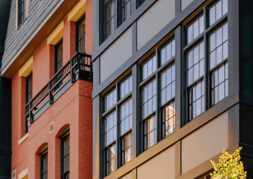 The fronts of new apartment buildings