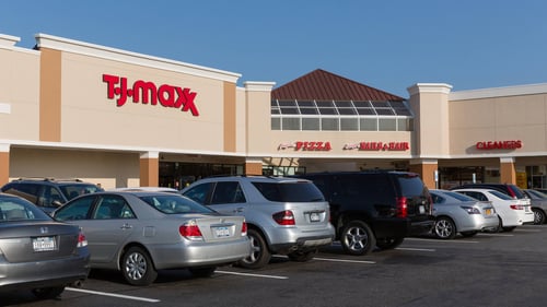 Cars parked along entrance of T.J. Maxx at Parkway Plaza - Carle Place shopping center