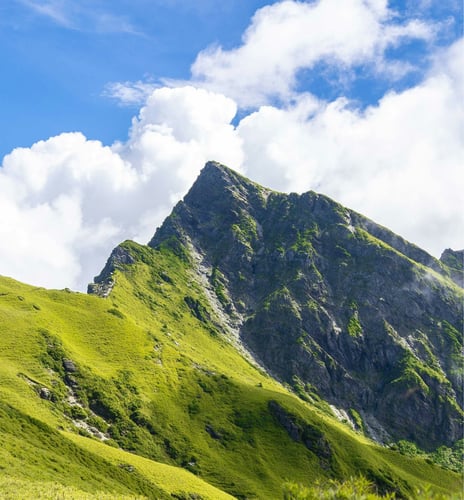 A lush green grass hillside trail at the foot of a mountain on a sunny day.