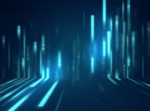 Blue background with digital data lines moving across.