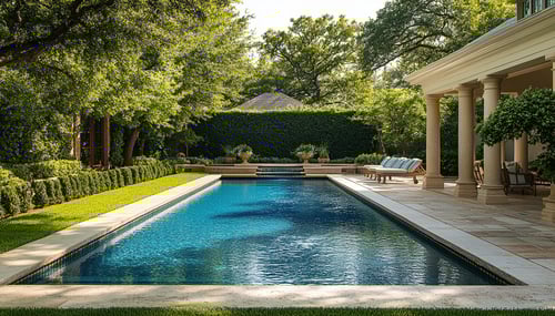 pool in the backyard with grass and decking with pavilion with stone columns