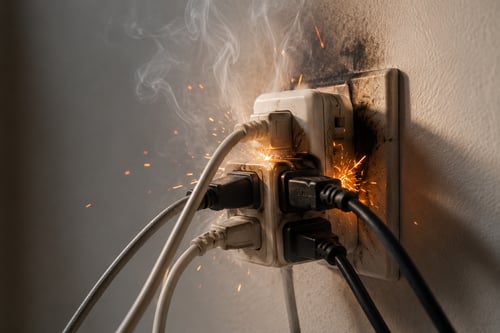 Outlet loaded with plugs, with sparks and smoke coming out.
