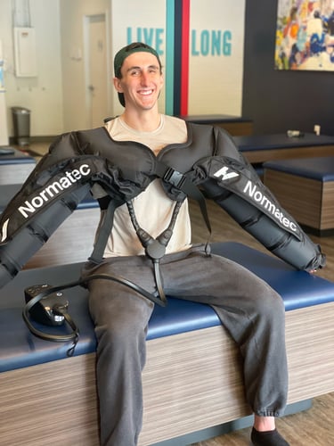 Normatec is a great add-on to a stretch session. Normatec is compression therapy which can help with blood flow and recovery. We have the option to do legs, arms or hips.