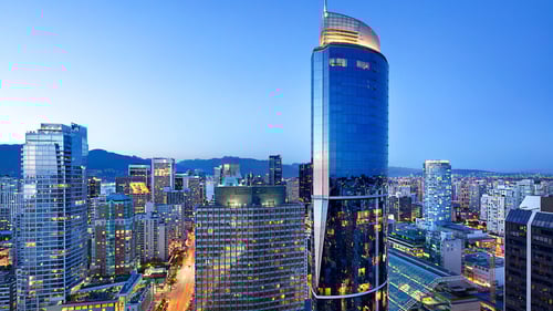 An aerial view of Vancouver featuring the tower where Embarc Vancouver is located.