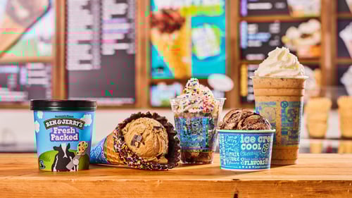 Ben & Jerry's Scoop Shops menu items, including cups, waffle cones, shakes, sundaes and fresh packed pints.