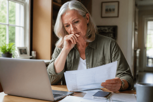 Mature adult reviewing financial documents at a home desk, concerned about fraud