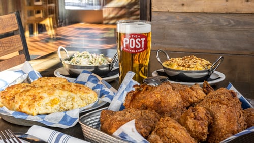 Gluten Free Crispy Fried Chicken and Post Brewed Beer.