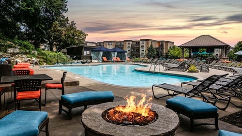 Pool at sunset at The Falls, Mission, Kansas