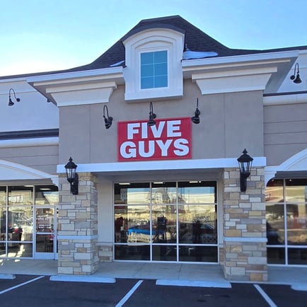 Exterior image of the Five Guys restaurant at 1056 Braselton Village Parkway in Braselton Georgia.