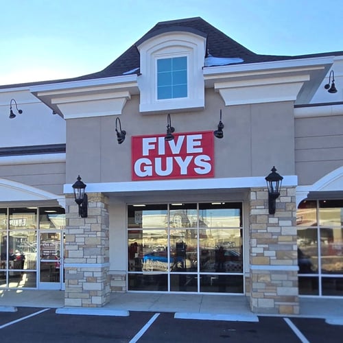 Exterior image of the Five Guys restaurant at 1056 Braselton Village Parkway in Braselton Georgia.