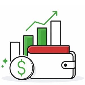 A graphic of a wallet, a coin in front of it, and a bar chart behind it showing an upward trajectory.