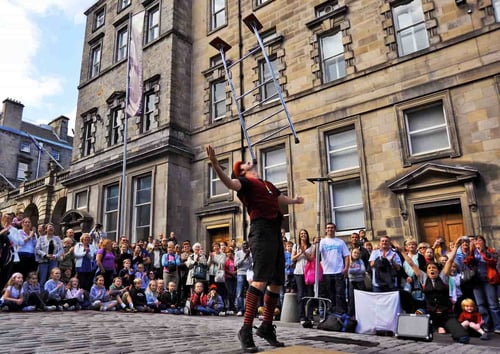 edinburgh festival performer in street balancing ladder on lip with crowd watching on
