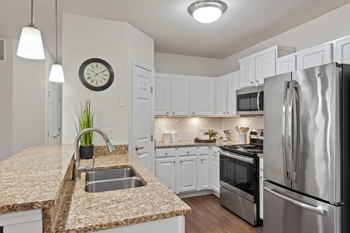 a kitchen with granite countertop and a large fridge at Roebling Row, Kentucky