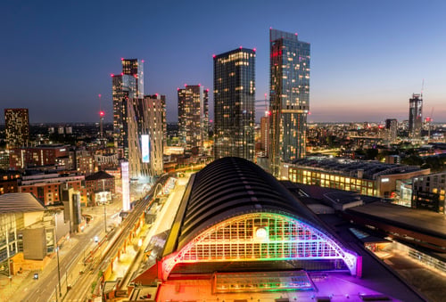 Manchester skyline with rainbow lights