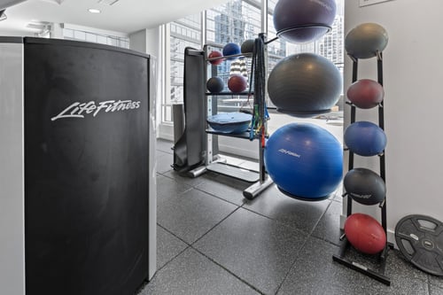 A gym with a Life Fitness refrigerator and a variety of exercise equipment.