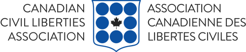 Logo of the Canadian Civil Liberties Association. Features nine blue circles and a white leaf in a blue shield, flanked by the association's name in English and French.