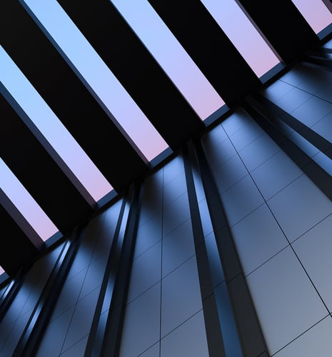 Abstract architectural image of a modern ceiling with wide black beams and gaps of sky with pink and blue hues, creating a futuristic atmosphere.
