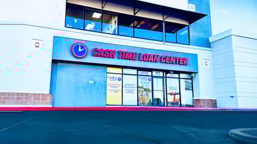 Cash Time Loan Center Glendale storefront at Bell Tower Village offering title loan buyouts, registration loans, and personal loans with same day cash and 15 minute approvals. Se habla español.