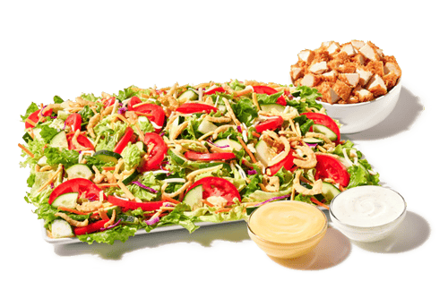 Platter of mixed greens with carrots and red cabbage, Cheddar Jack Cheese, cucumbers, tomatoes, and fried onions with fried chicken.