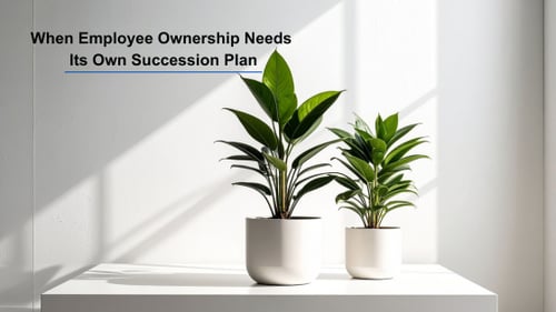 A minimalist image with text, "When Employee Ownership Needs Its Own Succession Plan." It features a potted plant casting shadows in soft lighting.