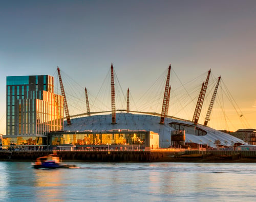 Iconic view of The O2 at sunset along The Thames.