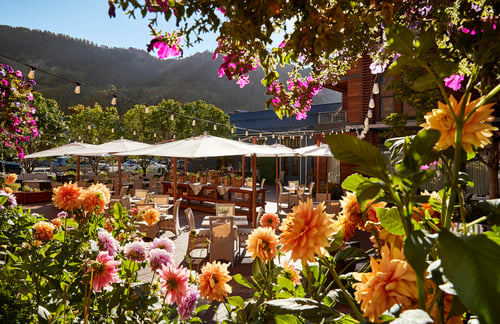 Outdoor dining terrace surrounded by blooming flowers and mountain views.