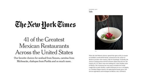 New York Times article naming Valle as one of the greatest Mexican restaurants in the United States.