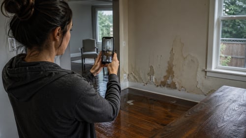 Homeowner films water damage with a smartphone inside a Pacific Northwest home with wet hardwood floors and damaged drywall.