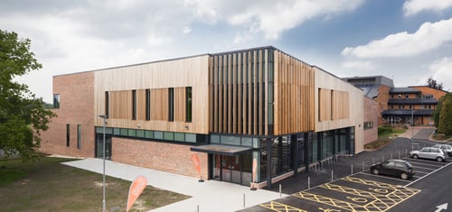 Outside the main entrance of Tewkesbury Leisure Centre