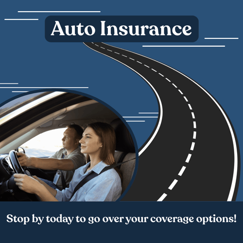 A promotional graphic for auto insurance, featuring a vehicle on a curvy road and inviting customers to discuss coverage options.