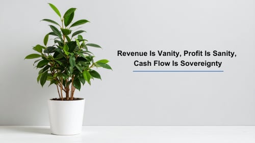 A minimalist image with text, "Revenue Is Vanity, Profit Is Sanity, Cash Flow Is Sovereignty." It features a potted plant casting shadows in soft lighting.