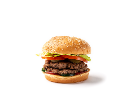 Artículos de comida de Five Guys incluyendo un vaso de papas fritas, una hamburguesa doble con queso e ingredientes, y una bebida
