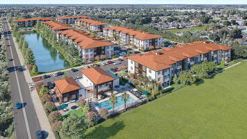 Aerial view of the apartments and pool at Cobia Cove, Holiday